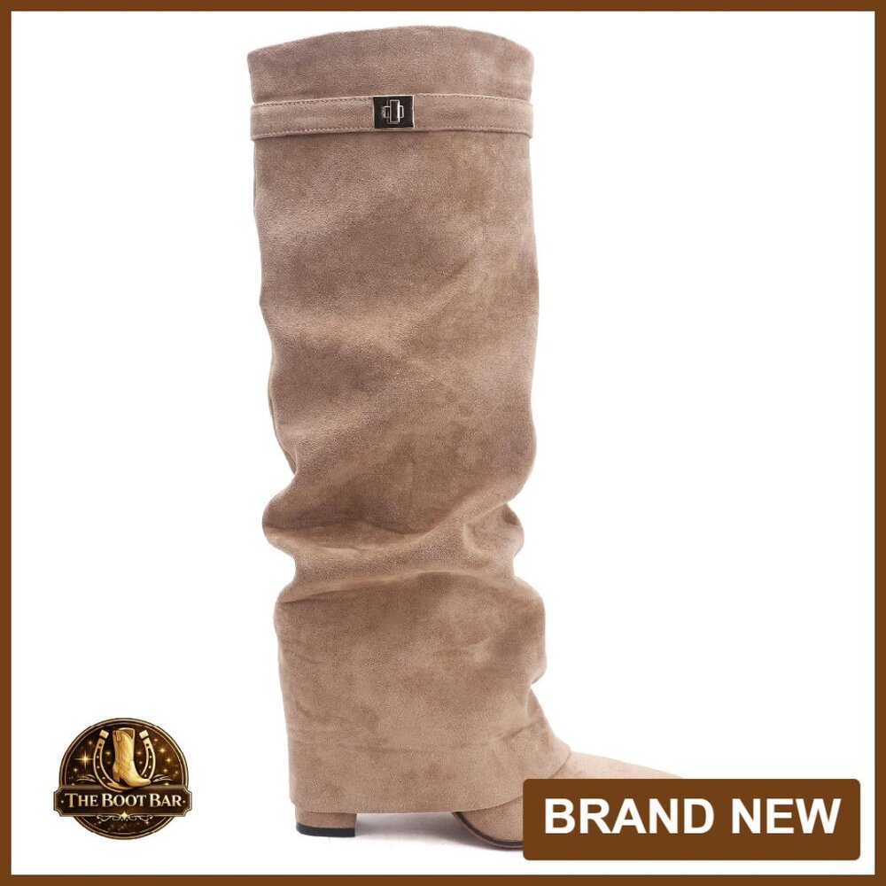 Knee High Boots Suede Chunky Heel Pointed Toe Side Zipper Slouchy
